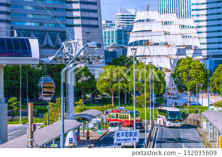 Yokohama cityscape in Japan, including the Nippon Maru with full sails, Sakuragicho Station, Yokohama Air Cabin, and Akaikutsu (red shoes) on the 5th 132035609