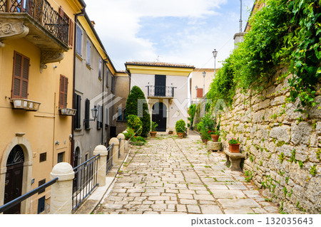 San Marino old narrow street architecture in center city. Houses wall and windows building 132035643