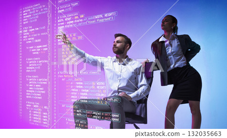 Graphic composition. Business team developing software with holographic data interface under purple blue light Graphic composition. Business team developing software with holographic data interface under purple blue light 132035663