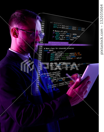 Modern collage. Developer studying holographic code reflected on transparent screen with tablet in neon light 132035664