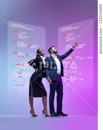 Creative graphic artwork. Business team analyzing holographic programming screen in futuristic workspace Creative graphic artwork. Business team analyzing holographic programming screen in futuristic workspace 132035669