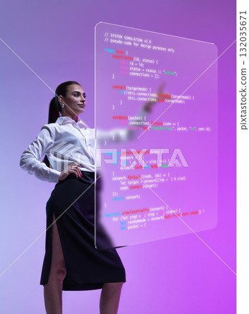 Bold poster. Confident female coder interacting with holographic programming interface under violet light Bold poster. Confident female coder interacting with holographic programming interface under violet light 132035671