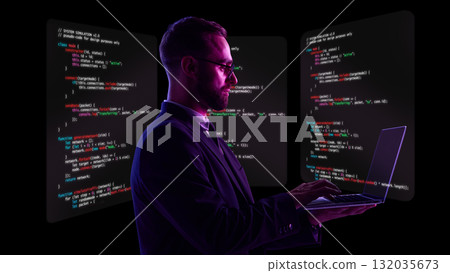 Surreal collage art. Professional software engineer in suit coding with multiple digital screens 132035673