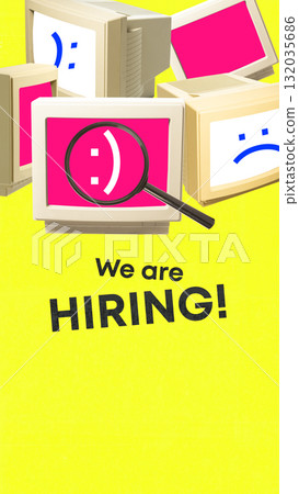 Retro computer screens with magnifier and We Are Hiring text yellow creative poster 132035686