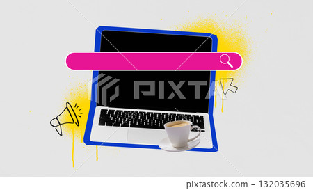 Digital artwork with laptop with search bar and coffee cup. 132035696