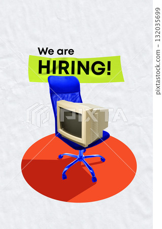 Office chair with vintage computer and hiring text modern creative job poster Office chair with vintage computer and hiring text modern creative job poster 132035699