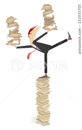 Businessman. Student. Scientist. Big pile of papers. Happy businessman, student or scientist with papers and books in both hands balances on the big pile of papers. Isolated on white background 132035705