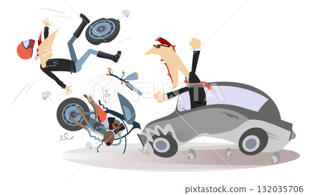 Traffic accident. Motorcycle and car accident. Collisions with car. Automobile knocking down man riding on motorcycle. Road collision with car and motorcycle involved 132035706