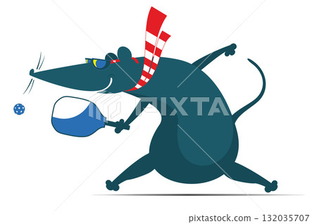 Funny rodent plays pickleball. Cartoon rat or mouse plays pickleball	 132035707