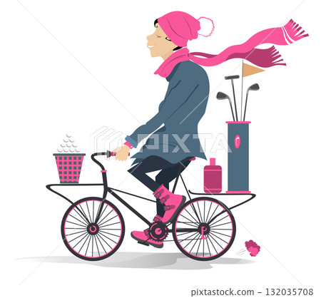 Cold weather. Golfer woman in warm cloth rides to the golf course on a bicycle. Rainy and windy day. Young golfer woman in the hat and scarf rides to play golf on the bicycle. White background 132035708