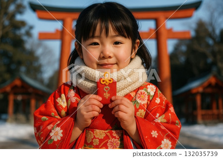 Child in Kimono Holding Omamori at Shinto Shrine Child in Kimono Holding Omamori at Shinto Shrine 132035739