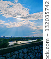 Scenic river view with sun rays through clouds. Panoramic view over a river and distant city skyline with dramatic sun rays breaking through the clouds above a stone wall. 132035742