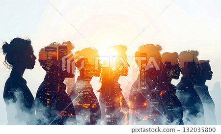 商界人士聚集在城市辦公大樓接受面試或開會的剪影，在清晨的陽光下閃閃發光，象徵著希望和合作 132035800