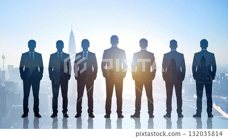 Silhouettes of business people gathered for an interview or meeting in an urban office building shining in the morning sun, symbolizing hope and cooperation 132035814