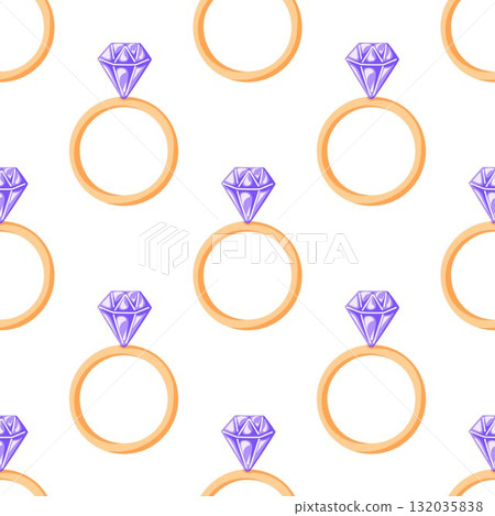 Seamless pattern with golden ring and purple diamond on a white background in flat style symbolizing love engagement and luxury. 132035838