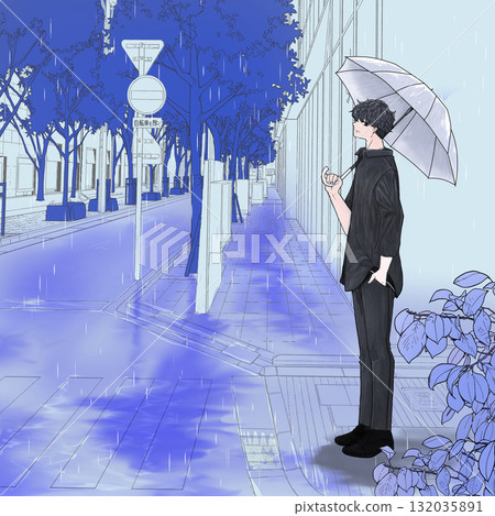 一個男人在雨天撐著傘 132035891