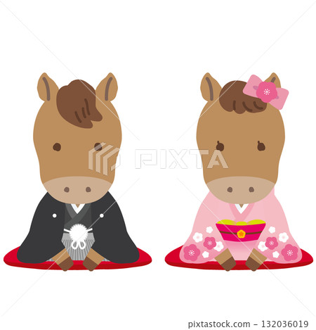 可愛的十二生肖系列和服人物 - 馬年（無主線） - 身著傳統日本服裝的情侶以正座姿勢互相問候 132036019