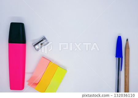 Colorful Stationery on White Desk Background with Copy Space Colorful Stationery on White Desk Background with Copy Space 132036110