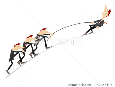 Business. Team work in business. The leader pulls three of his colleagues by the rope. Concept illustration	 132036126