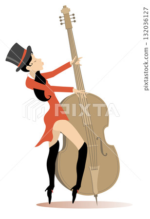 Young woman in the top hat playing contrabass. Pretty young cellist woman in the top hat Young woman in the top hat playing contrabass. Pretty young cellist woman in the top hat 132036127