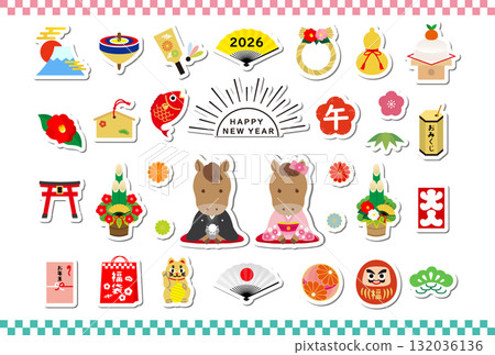 新年賀卡 2026 匹馬年 彩色圖示素材貼紙套裝 新年快樂 132036136