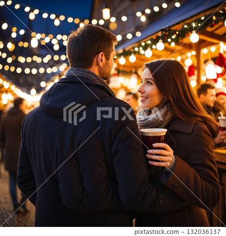一對夫婦在聖誕市場享用熱紅酒的背影 一對夫婦在聖誕市場享用熱紅酒的背影 132036137