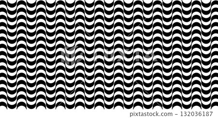 Repeating wave pattern in black and white colors, inspired by famous Copacabana sidewalk. Portuguese pavement texture, Rio de Janeiro boardwalk vector illustration background. 132036187