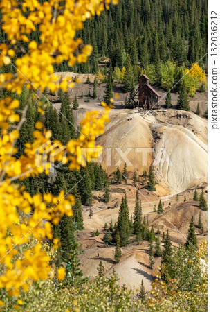 Abandoned Idarado gold mine house with yellow aspen, Overlook from the Million Dollar Highway Abandoned Idarado gold mine house with yellow aspen, Overlook from the Million Dollar Highway 132036212