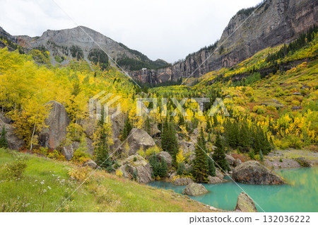 Emerald pond near Bridal veil trail with stunning view during fall foliage in Telluride, Colorado Emerald pond near Bridal veil trail with stunning view during fall foliage in Telluride, Colorado 132036222