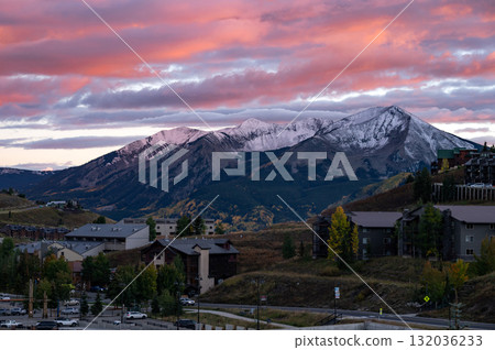 Romantic sunset at Crested Butte, a ski town in the Rocky mountains of Colorado, USA 132036233