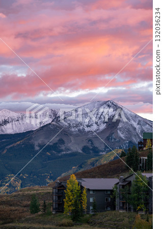 Romantic sunset at Crested Butte, a ski town in the Rocky mountains of Colorado, USA 132036234