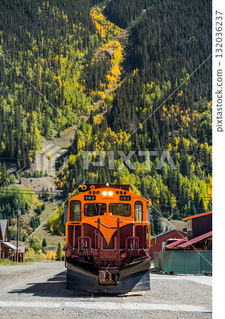 Durango and Silverton narrow gauge steam engine train with autumn landscape in Silverton town Durango and Silverton narrow gauge steam engine train with autumn landscape in Silverton town 132036237
