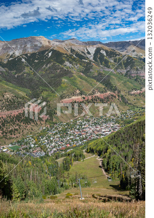 Aerial view of Telluride townscape, a famous ski town in early fall of Colorado, United States Aerial view of Telluride townscape, a famous ski town in early fall of Colorado, United States 132036249