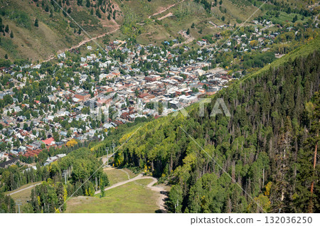 Aerial view of Telluride townscape, a famous ski town in early fall of Colorado, United States Aerial view of Telluride townscape, a famous ski town in early fall of Colorado, United States 132036250