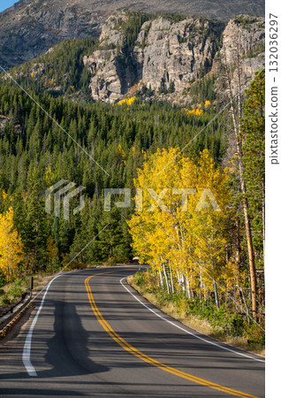 Scenic road with autumn scenery at Rocky Mountain National Park in Colorado, USA. 132036297