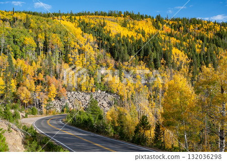 Scenic road with autumn scenery at Rocky Mountain National Park in Colorado, USA. 132036298
