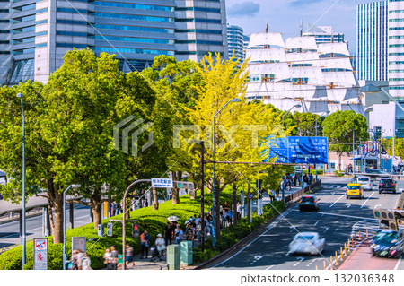 Yokohama cityscape in Japan, including the Nippon Maru under full sail, Sakuragicho Station, and the Yokohama Air Cabin (October 5th) 132036348