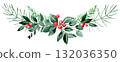 Christmas decoration. Watercolor frame with Christmas plants, spruce and eucalyptus branches, and red berries. 132036350