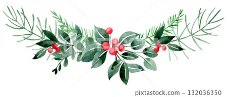 Christmas decoration. Watercolor frame with Christmas plants, spruce and eucalyptus branches, and red berries. 132036350