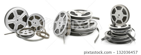 Vintage Film Reels and Strips Arranged in Three Groupings Featuring Metal Spools and Loose Coiled Film on White Background Representing Classic Cinema Media 132036457