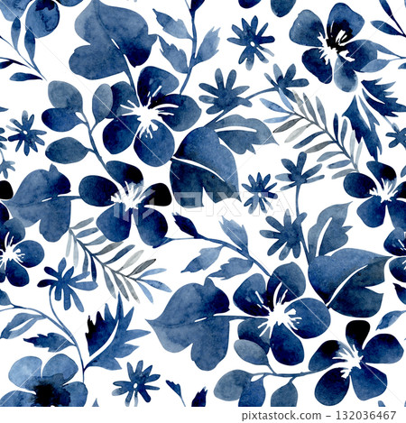 Seamless watercolor pattern with blue abstract flowers. Floral print for fabric and wallpaper. 132036467