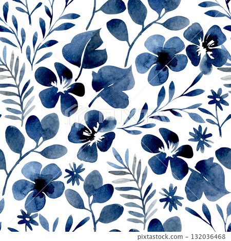Seamless watercolor pattern with blue abstract flowers. Floral print for fabric and wallpaper. 132036468