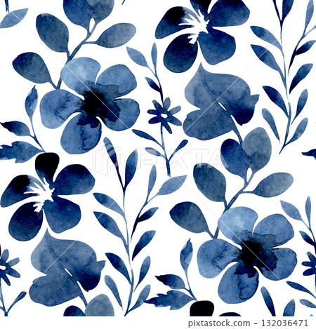 Seamless watercolor pattern with blue abstract flowers. Floral print for fabric and wallpaper. 132036471