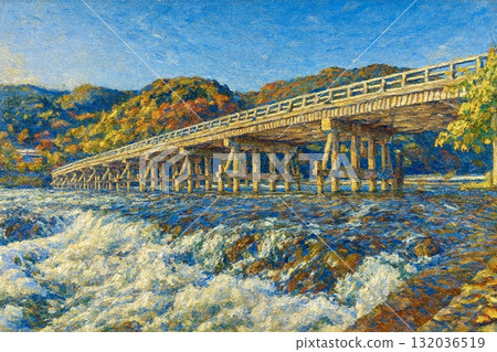 京都嵐山渡月橋桂川油畫 132036519