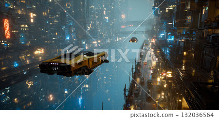 Flying cars in cyberpunk city Flying cars in cyberpunk city 132036564