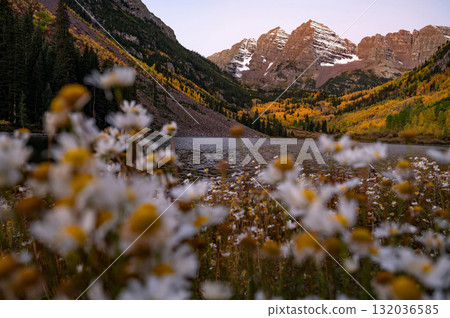 Maroon Bells at dawn. Famous autumn landscape during fall foliage in Colorado, USA. Maroon Bells at dawn. Famous autumn landscape during fall foliage in Colorado, USA. 132036585