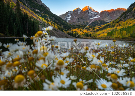 Maroon Bells at sunrise. Famous autumn landscape during fall foliage in Colorado, USA 132036588