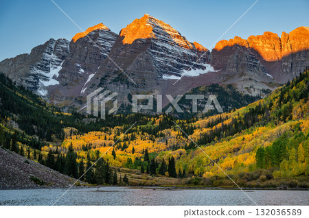 Maroon Bells at sunrise. Famous autumn landscape during fall foliage in Colorado, USA Maroon Bells at sunrise. Famous autumn landscape during fall foliage in Colorado, USA 132036589