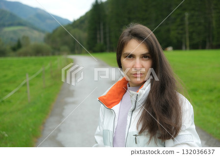Serious Brunette Woman in Nature, Thoughtful Portrait Outdoors. 132036637