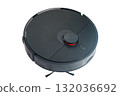 High angle view of black smart robot vacuum cleaner isolated on white background. 132036692